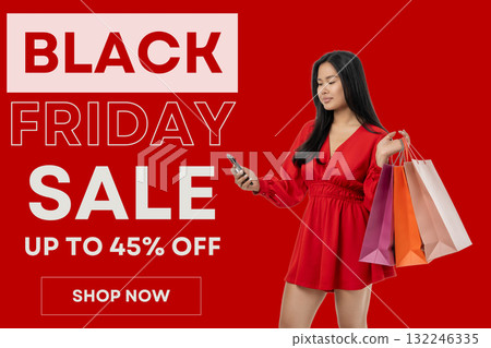 A woman enjoys shopping while checking her phone for deals A woman enjoys shopping while checking her phone for deals 132246335