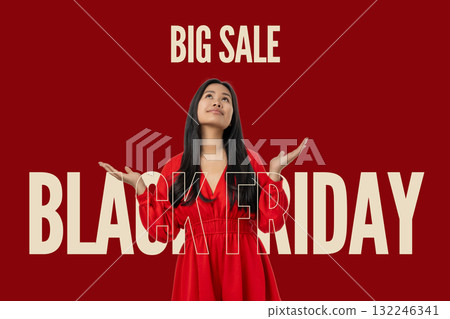 Woman in red dress expresses joy for Black Friday deals 132246341