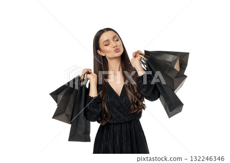 Woman with shopping bags after Black Friday sales, isolated, PNG Woman with shopping bags after Black Friday sales, isolated, PNG 132246346