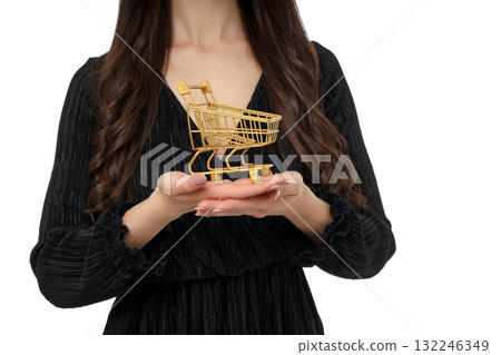 Woman with dark hair showcasing a golden shopping cart, isolated, PNG Woman with dark hair showcasing a golden shopping cart, isolated, PNG 132246349