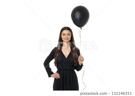 Woman celebrates Black Friday with a balloon, isolated, PNG 132246351
