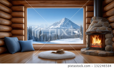 Cozy winter cabin view with snowy mountain fireplace and open book 132246584