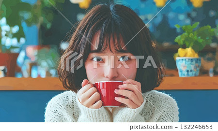 Young woman drinking hot drink in the room 132246653