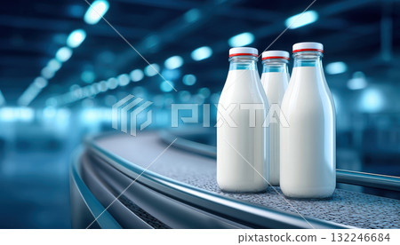 Fresh milk bottles on conveyor in modern food tech facility with soft blue light Fresh milk bottles on conveyor in modern food tech facility with soft blue light 132246684