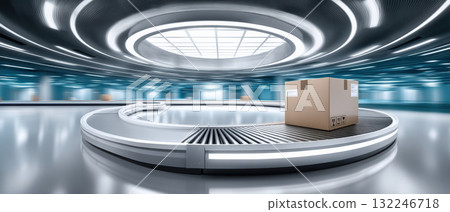 Modern warehouse conveyor with cardboard box food tech logistics futuristic scene bright lighting 132246718