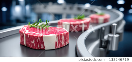 Raw steak with rosemary on industrial conveyor food tech production 132246719