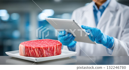 Raw marbled beef steak and scientist using tablet in food technology lab tasting notes 132246780