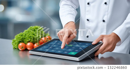 Chef using touchscreen tablet in kitchen mixing food and tech tools with fresh vegetables Chef using touchscreen tablet in kitchen mixing food and tech tools with fresh vegetables 132246860