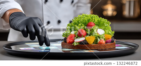 Fresh salad and tech fusion serving on touchscreen tray evokes modern food tech delight Fresh salad and tech fusion serving on touchscreen tray evokes modern food tech delight 132246872