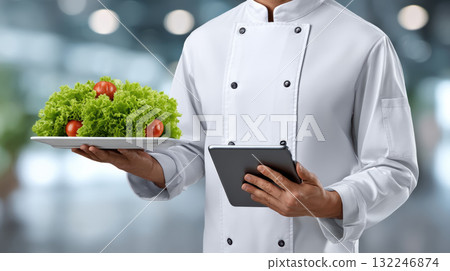 Chef holding tablet and plate of fresh salad food tech inspiring healthy menu Chef holding tablet and plate of fresh salad food tech inspiring healthy menu 132246874