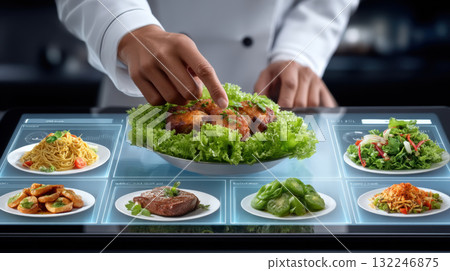 Chef presenting food tech interface with roasted chicken on lettuce and smart menu Chef presenting food tech interface with roasted chicken on lettuce and smart menu 132246875