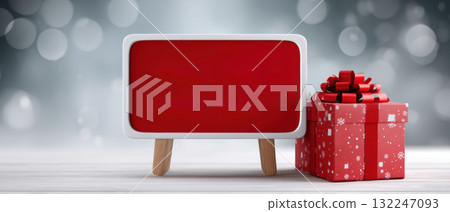 Red banner winter chalkboard with gift box and bow on wooden table festive scene 132247093