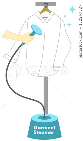 Garment Steamer Illustration, Hand Steaming a White Shirt on Hanger Garment Steamer Illustration, Hand Steaming a White Shirt on Hanger 132247327