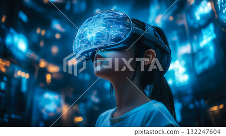 A girl wearing VR glasses interacts with a holographic globe. Generative Ai. A girl wearing VR glasses interacts with a holographic globe. Generative Ai. 132247604