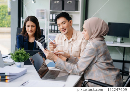 Business team discuss at meeting room. working together with laptop ,tablet and smart phone on desk Financial accountant at office 132247609