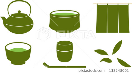 抹茶、鐵壺和抹茶的插圖 132248001