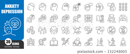 Anxiety and depression disorder thin line icon . Editable stroke . Vector . Anxiety and depression disorder thin line icon . Editable stroke . Vector . 132248003