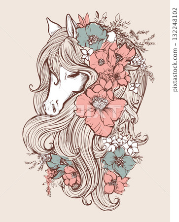 Horse head with long mane decorated with large flowers and leaves. Detailed hand-drawn vector illustration on beige background. Animal and floral art concept for design, print, and poster Horse head with long mane decorated with large flowers and leaves. Detailed hand-drawn vector illustration on beige background. Animal and floral art concept for design, print, and poster 132248102