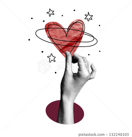 A hand holds a red heart surrounded by orbital lines and stars. A modern vector collage with a halftone hand and abstract elements. A love and romance concept for Valentine s Day card and poster 132248103