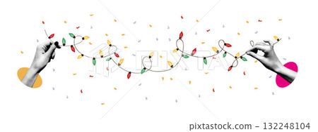 Hands holding string of colorful holiday lights with confetti on white background. Modern vector collage art with halftone hands and abstract shapes. Christmas and New Year celebration concept for Hands holding string of colorful holiday lights with confetti on white background. Modern vector collage art with halftone hands and abstract shapes. Christmas and New Year celebration concept for 132248104