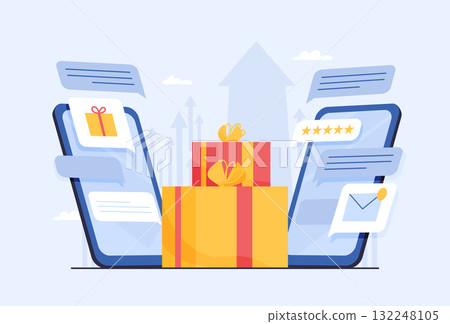 Two smartphones exchanging messages with gift boxes and rating stars. Flat vector illustration of online shopping and present delivery on blue background. E-commerce and digital marketing concept for 132248105