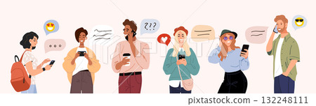 Group of people using smartphones and chatting through messages and social media. Flat vector illustration with speech bubbles and emojis on light background. Online communication and social network 132248111