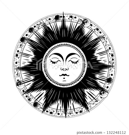 Black and white solar face with a circular pattern of lunar phases. Vector engraving on a white background. Vector illustration featuring astronomy, astrology, and celestial phenomena. Black and white solar face with a circular pattern of lunar phases. Vector engraving on a white background. Vector illustration featuring astronomy, astrology, and celestial phenomena. 132248112