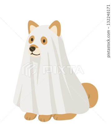 一隻柴犬穿著萬聖節鬼床單的插圖 132248171