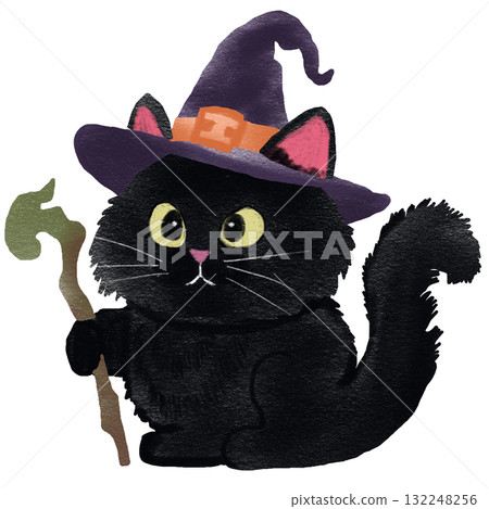 Cute Black Cat Witch with Hat and Staff 132248256