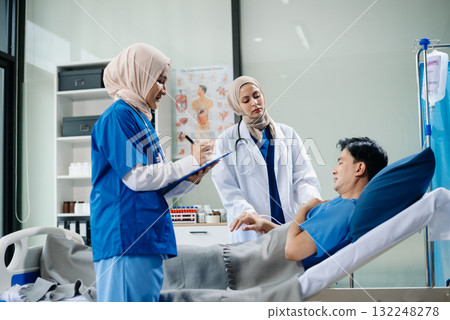 Muslim female doctors providing medical care in a modern clinic, with a focus on healthcare, patient treatment Muslim female doctors providing medical care in a modern clinic, with a focus on healthcare, patient treatment 132248278
