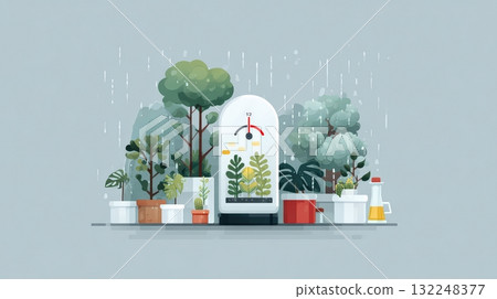 Indoor Garden Setup with Plant Care Tools and Greenhouse Elements 132248377