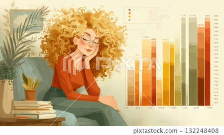 Cheerful Woman with Curly Hair Enjoying Cozy Interior Space Cheerful Woman with Curly Hair Enjoying Cozy Interior Space 132248408