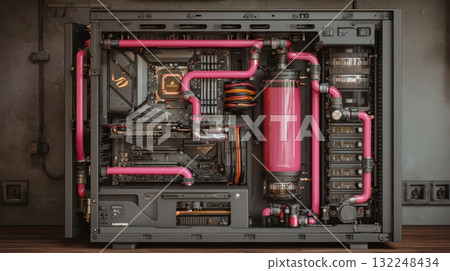 Sleek Custom PC Build with Pink Tubing and Liquid Cooling System 132248434
