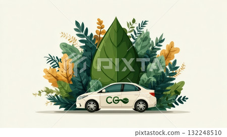 Eco-Friendly Car Surrounded by Lush Green Leaves and Plants Eco-Friendly Car Surrounded by Lush Green Leaves and Plants 132248510