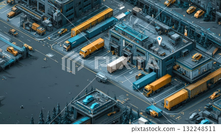 Aerial View of Modern Logistics Hub with Trucks and Warehouses 132248511