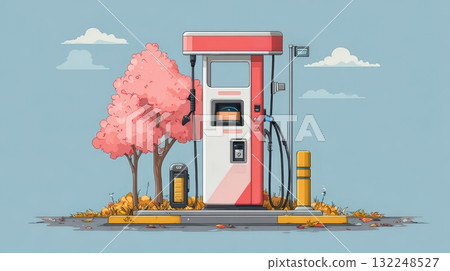Colorful Illustration of a Vintage Gas Pump Surrounded by Trees Colorful Illustration of a Vintage Gas Pump Surrounded by Trees 132248527