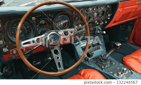Vintage Car Interior with Wooden Steering Wheel and Classic Dashboard 132248567