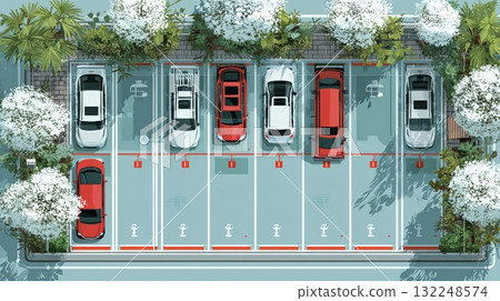 Aerial View of Modern Car Parking Lot Surrounded by Trees and Flowers 132248574