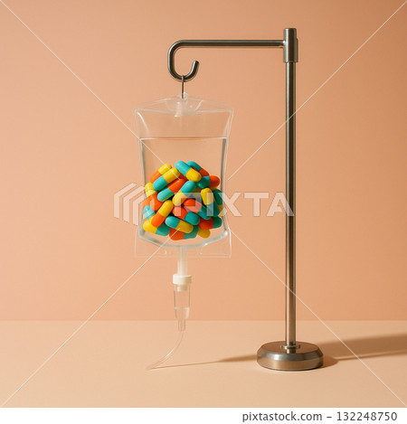 An IV bag with capsules and a symbol of artificial happiness An IV bag with capsules and a symbol of artificial happiness 132248750