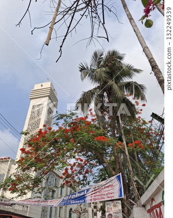 Tropical temple tower amidst lush greenery and vibrant flowers 132249539