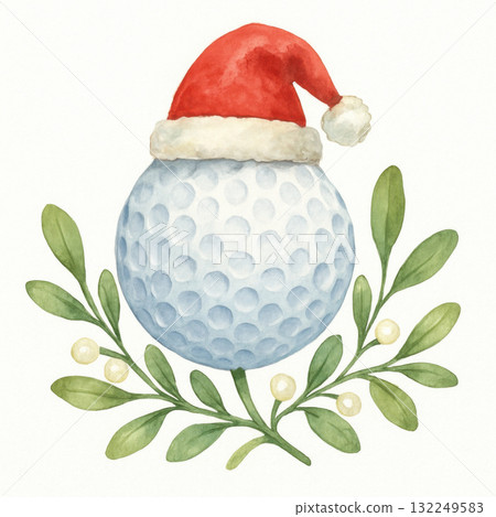 Charming watercolor illustration features golf ball wearing festive Santa hat, nestled among green mistletoe branches. Delightful image conveys holiday joy and Christmas cheer for sport 132249583