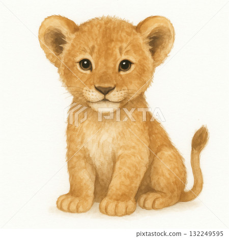 Sweet little lion cub sits with curious and gentle expression. Adorable wildlife art captures soft fur texture of young animal, isolated on white background, portraying innocent charm Sweet little lion cub sits with curious and gentle expression. Adorable wildlife art captures soft fur texture of young animal, isolated on white background, portraying innocent charm 132249595