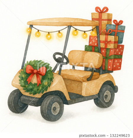 Cheerful watercolor illustration depicts festive golf cart carrying christmas gifts. vibrant wreath adorns front, with glowing lights illuminating roof. It captures joyful spirit of holiday season Cheerful watercolor illustration depicts festive golf cart carrying christmas gifts. vibrant wreath adorns front, with glowing lights illuminating roof. It captures joyful spirit of holiday season 132249623
