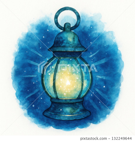 Glowing watercolor illustration of magical underwater lantern, radiating with deep blue aura. Shimmering light creates peaceful, tranquil atmosphere, evoking wonder and enchantment for captivating Glowing watercolor illustration of magical underwater lantern, radiating with deep blue aura. Shimmering light creates peaceful, tranquil atmosphere, evoking wonder and enchantment for captivating 132249644