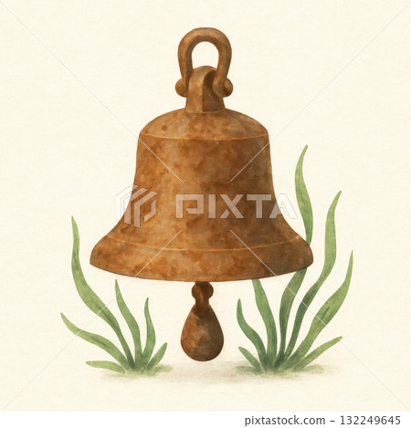 Rusted ship bell, with bronze tone, deep underwater. Sea plant life frames this ancient treasure, evoking sense of calm discovery and profound history 132249645