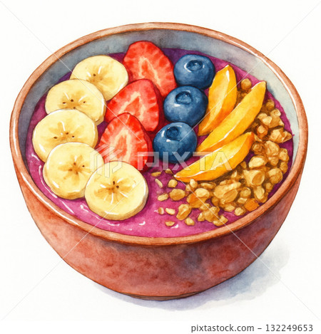 Vibrant watercolor illustration depicts healthy smoothie bowl. Delicious vegan nourishment features fresh fruit banana strawberry blueberry mango granola and rich purple base. Ideal for happy Vibrant watercolor illustration depicts healthy smoothie bowl. Delicious vegan nourishment features fresh fruit banana strawberry blueberry mango granola and rich purple base. Ideal for happy 132249653