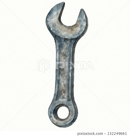 Watercolor illustration of single wrench. Wet metal texture. Essential tool reliability for plumbing, maintenance, and repair themes. Dependable equipment for everyday tasks Watercolor illustration of single wrench. Wet metal texture. Essential tool reliability for plumbing, maintenance, and repair themes. Dependable equipment for everyday tasks 132249661