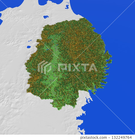 岩手縣的可愛地圖，標示海拔、森林和住宅區 132249764