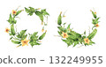 Cucumbers plant circular frame set. Watercolor wreath with yellow flower, green leaf, tendril and buds. Fresh harvest watercolor painting for vegetable label, farming seeds. Isolated illustration 132249955