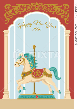 European style retro elegant merry-go-round horse 2026 New Year's card template 132249958
